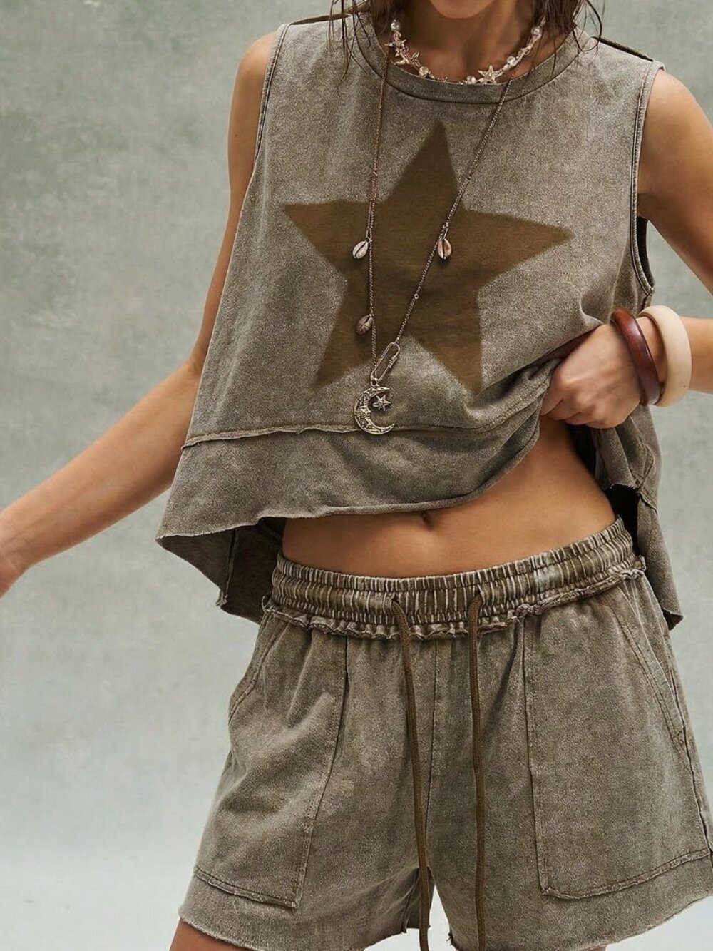 Brown Casual Women's Knit Loose Vest & Loose Shorts